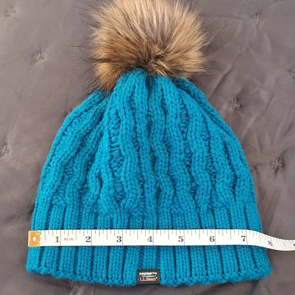L.L. Bean Kid Beanie OS Teal Cable Knit Fleece Lined Pom Outdoor Winter Gorpcore